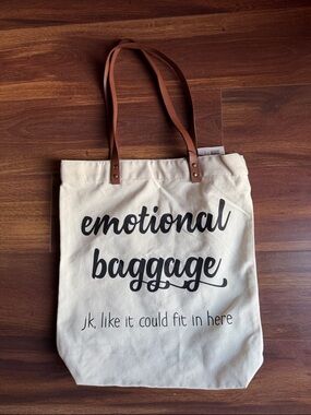 FUN CLUB “Emotional Baggage”  Tote Bag - Cream with Brown Faux leather Straps